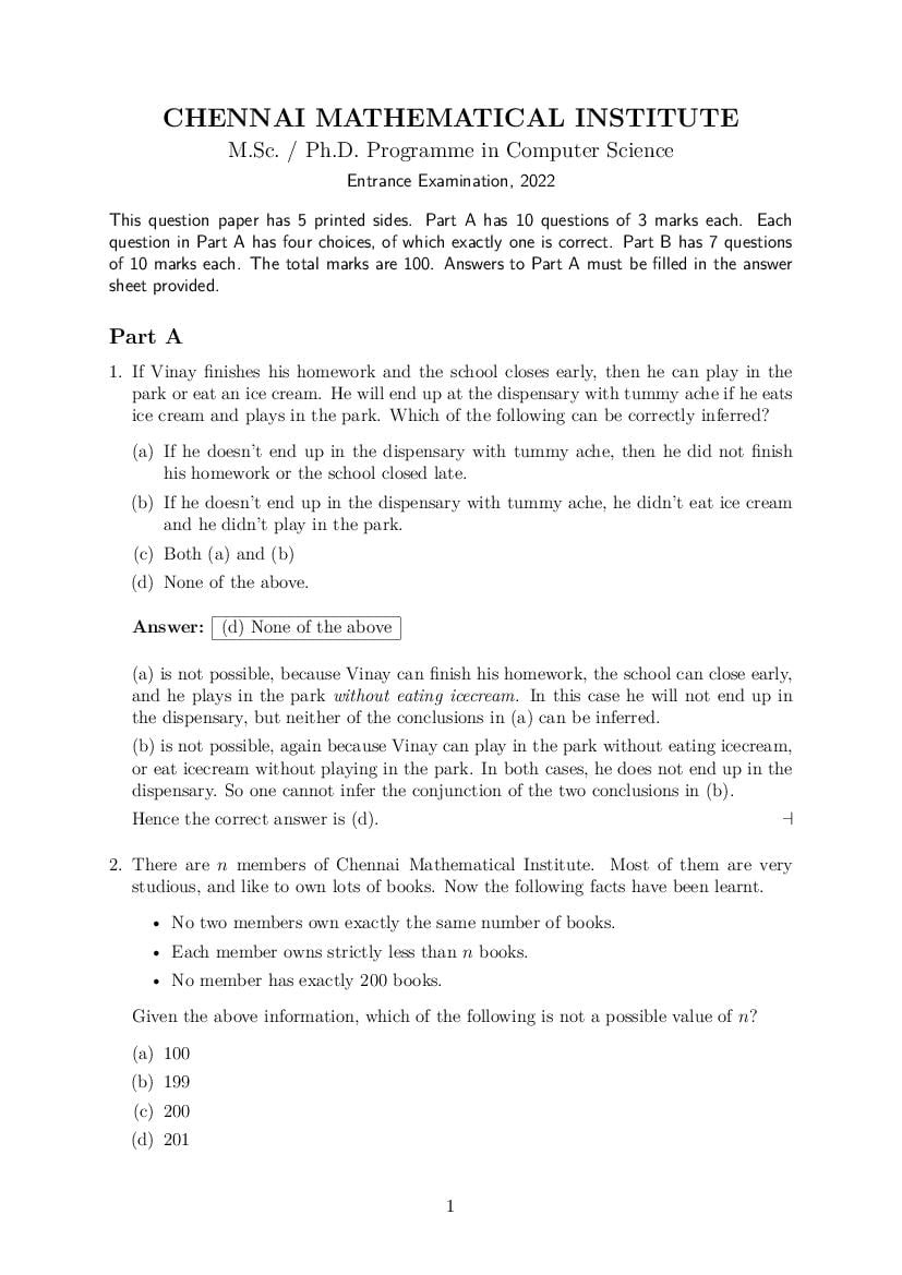 CMI Entrance Exam 2022 Question Paper Solution M.Sc Computer - Page 1