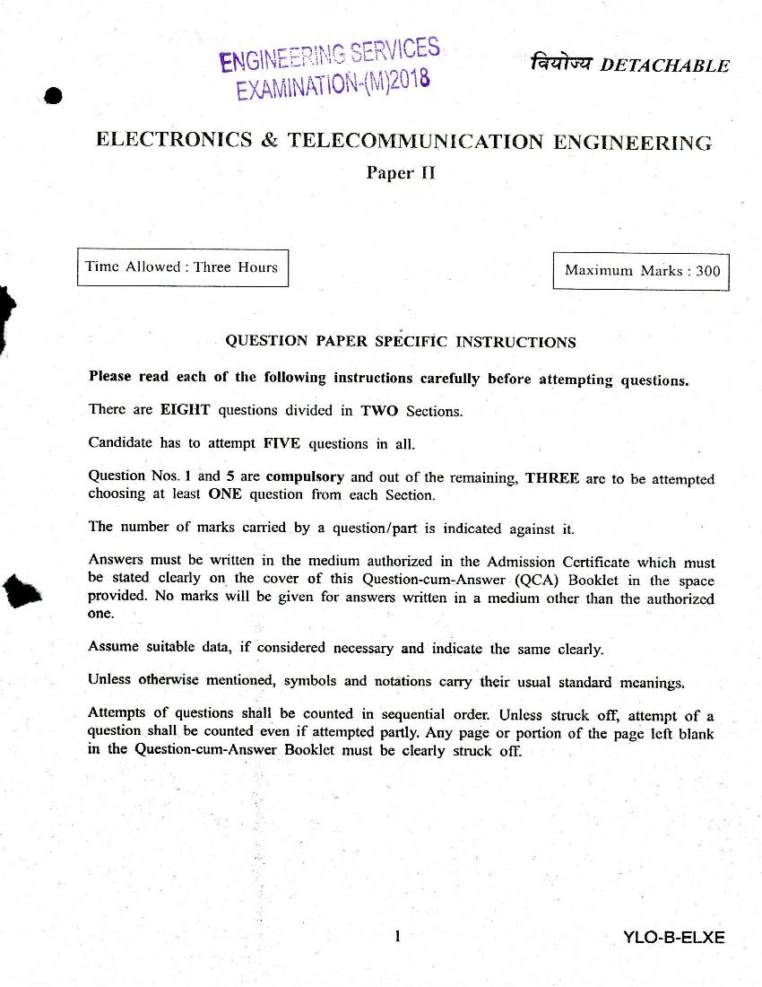 UPSC IES 2018 (Mains) Question Paper for Electronics and Telecommunication Engineering Paper II - Page 1