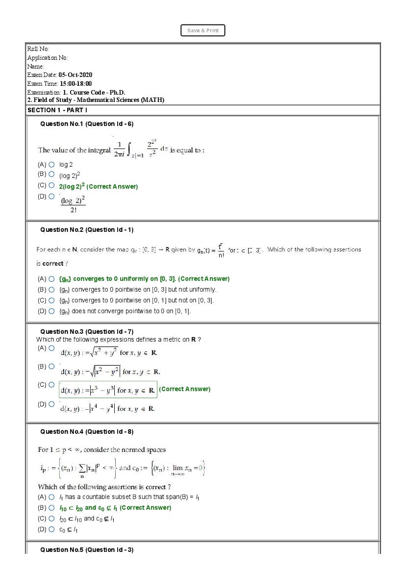 JNUEE 2020 Question Paper Ph.D Mathematical Sciences - Page 1