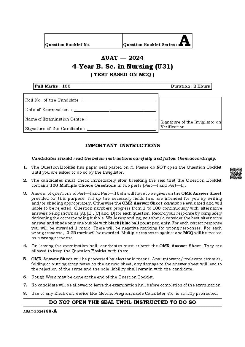 AUAT 2024 Question Paper PDF (43 UG and PG Papers)