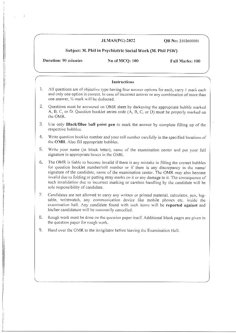 JEMAS PG 2022 Question Paper M.Phil PSW - Page 1