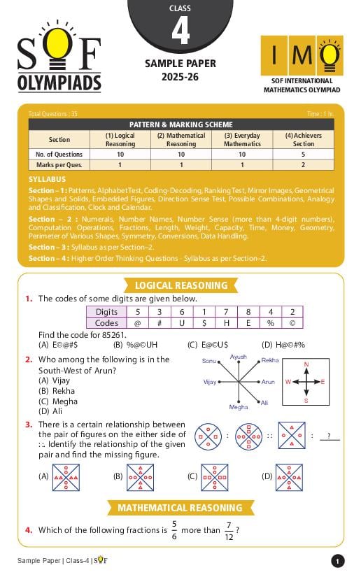 SOF IMO Sample Paper 2026 Class 4 - Page 1