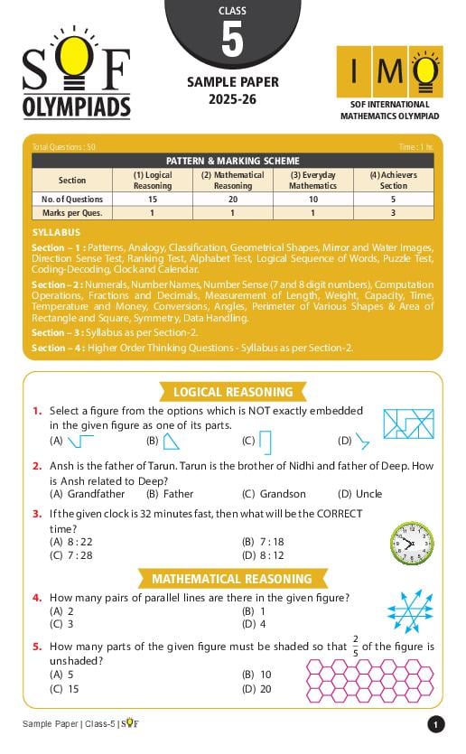 SOF IMO Sample Paper 2026 Class 5 - Page 1