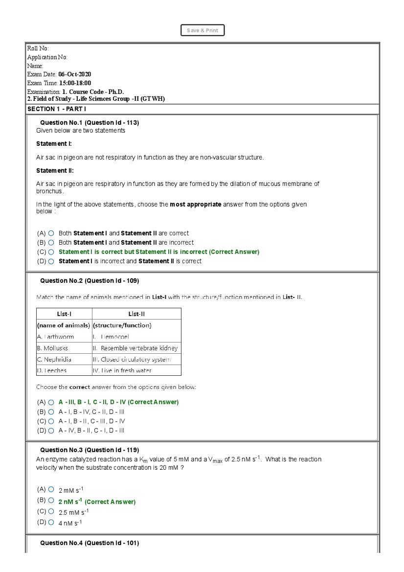 JNUEE 2020 Question Paper Ph.D Life Sciences Group 2 - Page 1