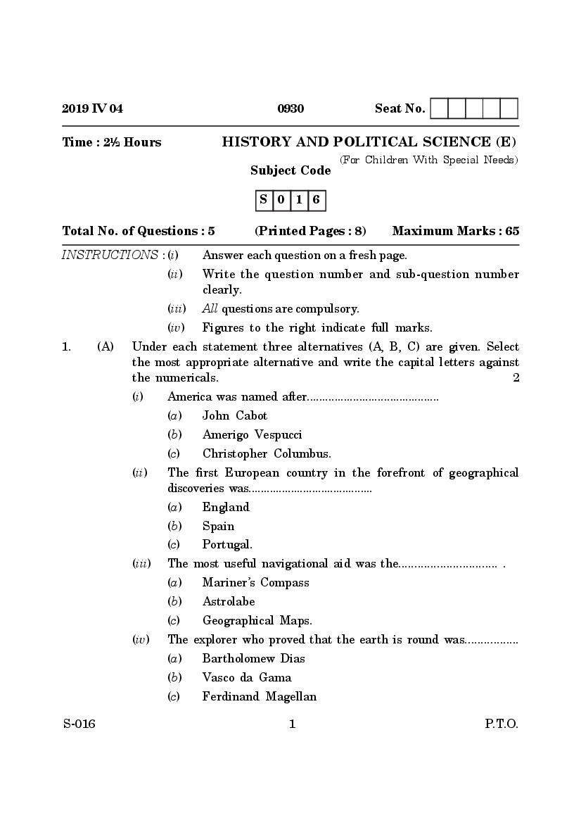 Goa Board Class 10 Question Paper Mar 2019 History and Political Science English CWSN - Page 1