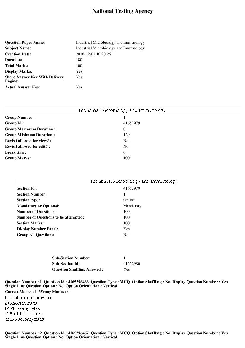SWAYAM 2018 Question Paper Industrial Microbiology and Immunology - Page 1 of 17
