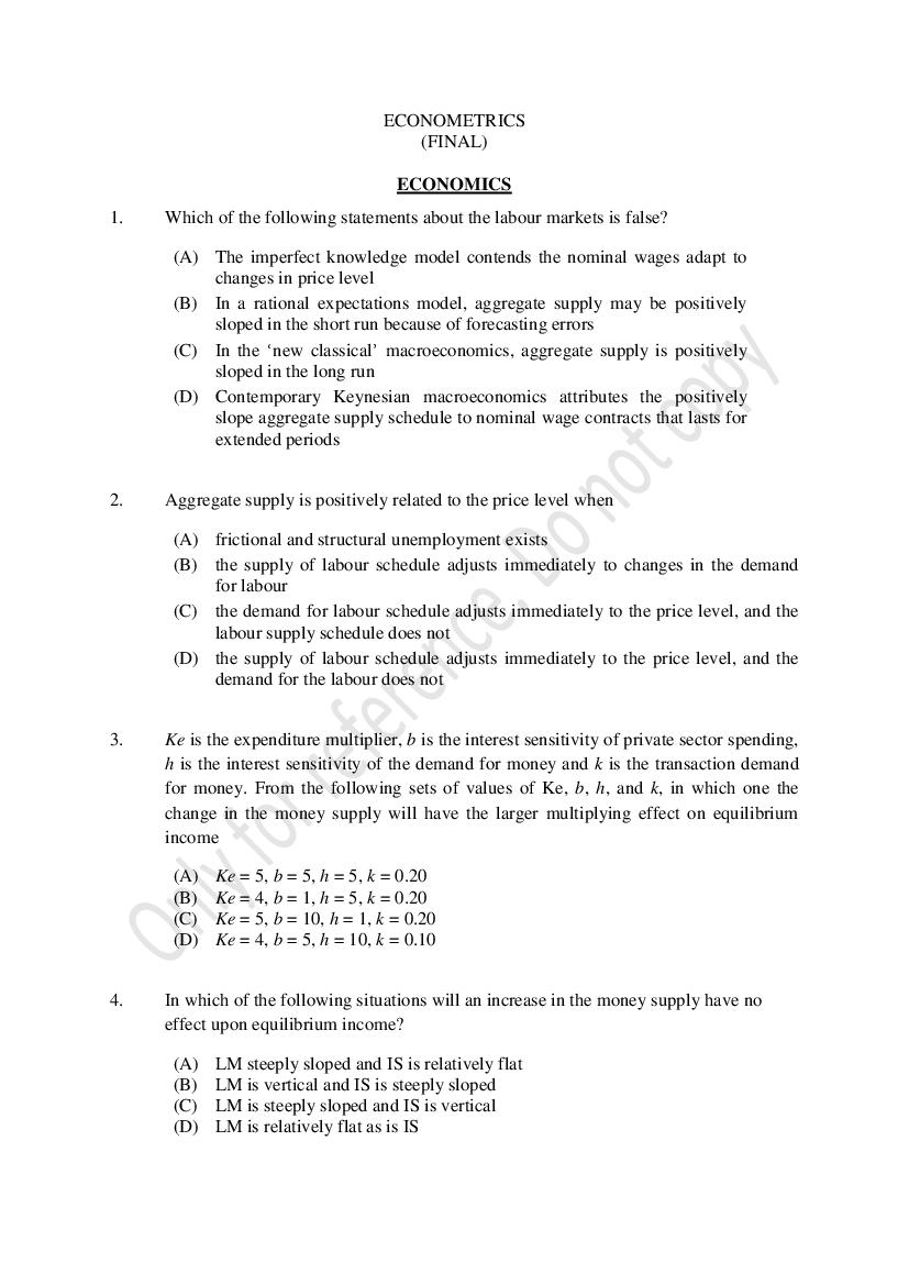 CUSAT CAT 2021 Question Paper Econometrics and Financial Technology - Page 1