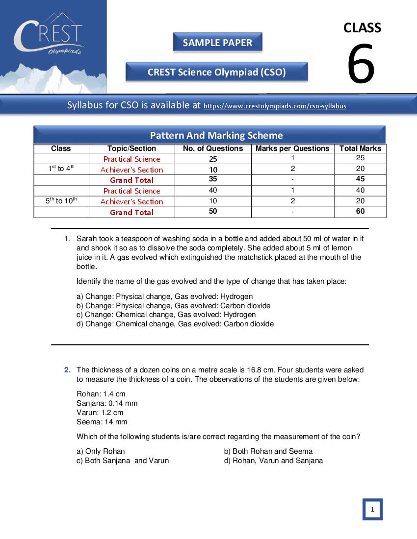 CREST Science Olympiad (CSO) Class 6 Sample Paper - Page 1