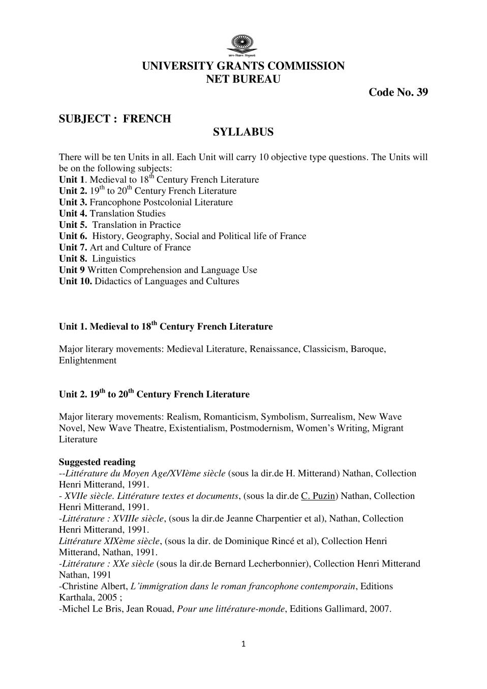 UGC NET Syllabus for French 2020 - Page 1