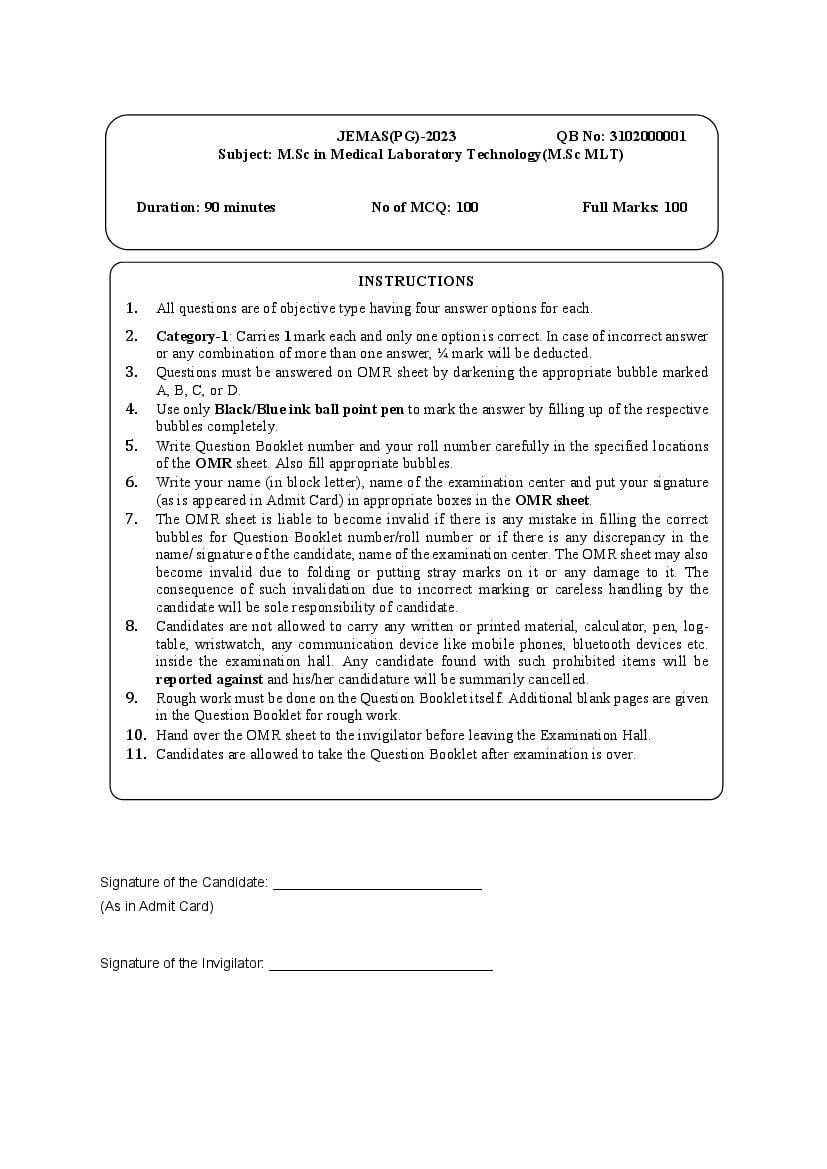 JEMAS PG 2023 Question Paper M.Sc MLT - Page 1