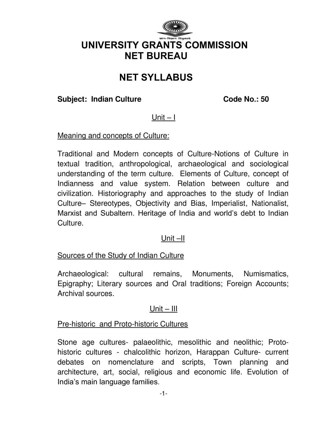 UGC NET Syllabus for Indian Culture 2020 - Page 1