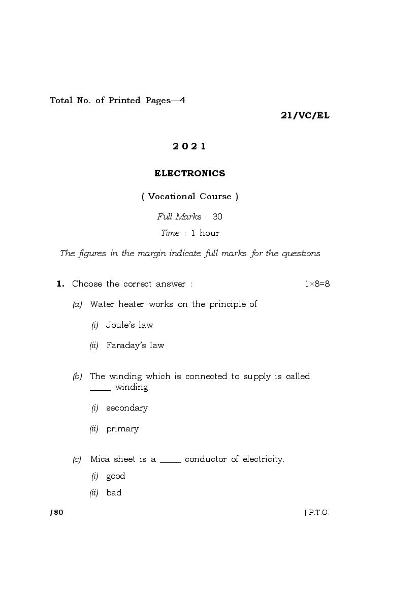 MBOSE Class 10 Question Paper 2021 for Electronics - Page 1
