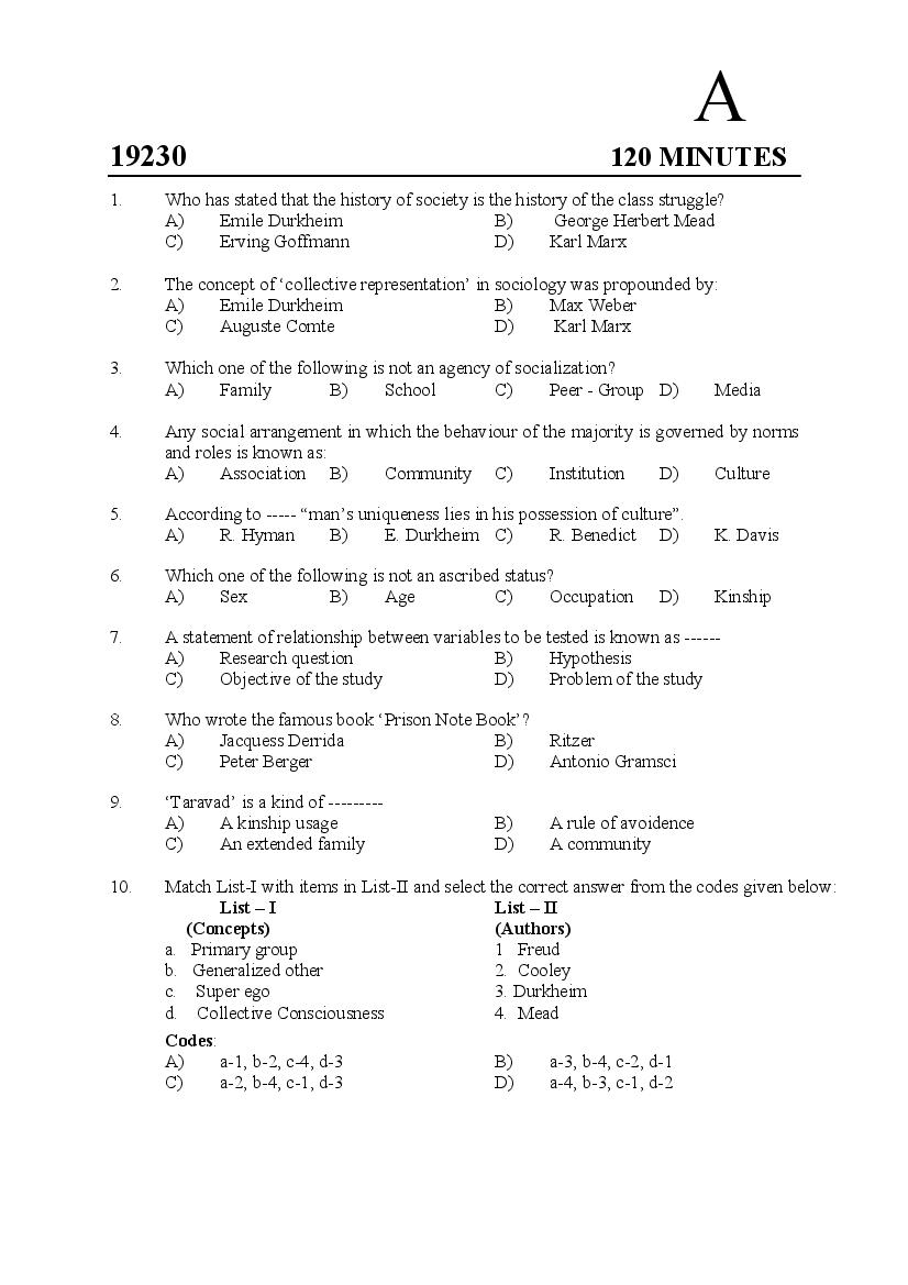 Kerala SET 2019 Feb Question Paper Sociology