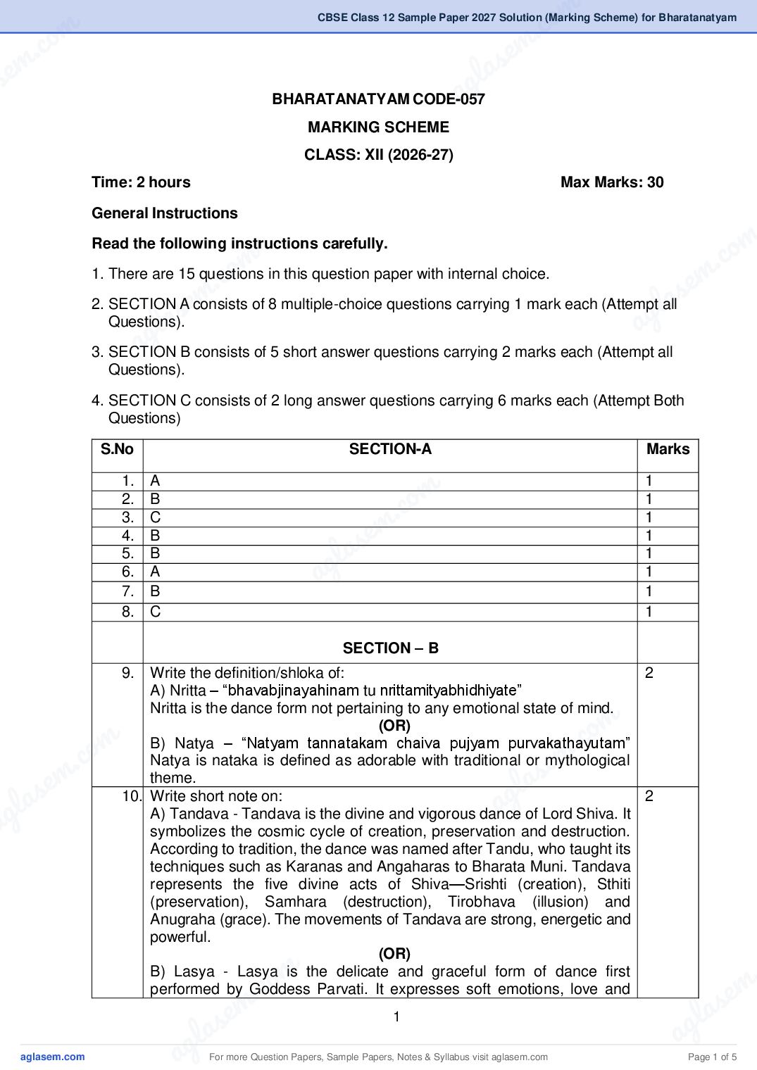 CBSE Class 12 Sample Paper 2027 Solution (Marking Scheme) for Bharatanatyam - Page 1 of 5