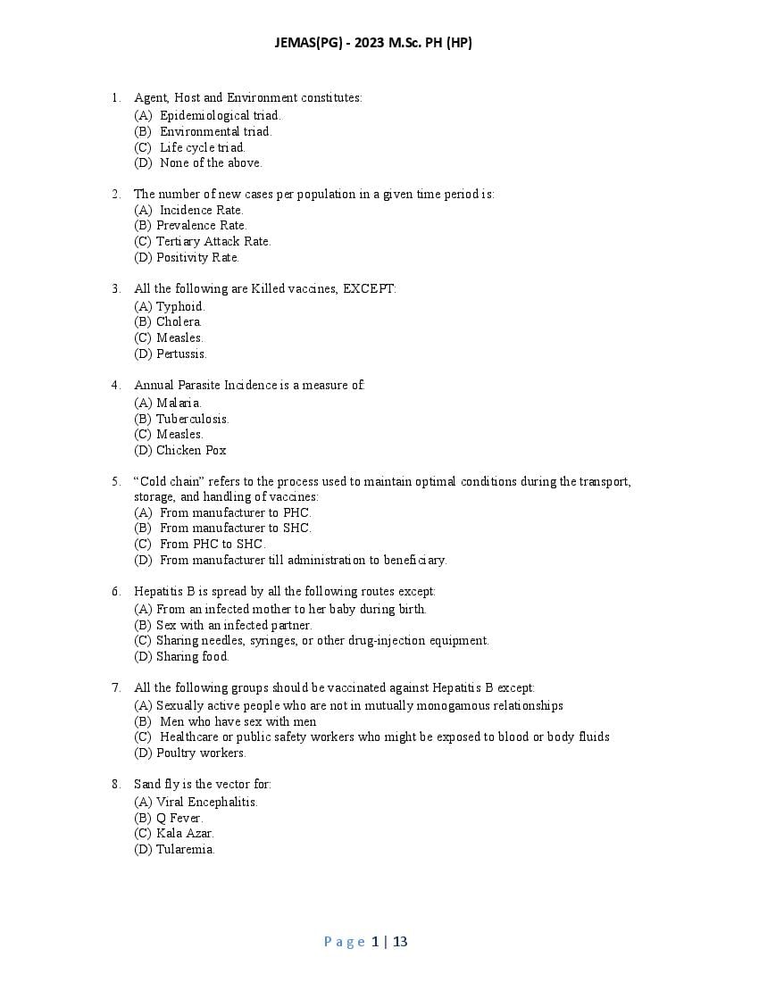 JEMAS PG 2023 Question Paper M.Sc PH HP - Page 1