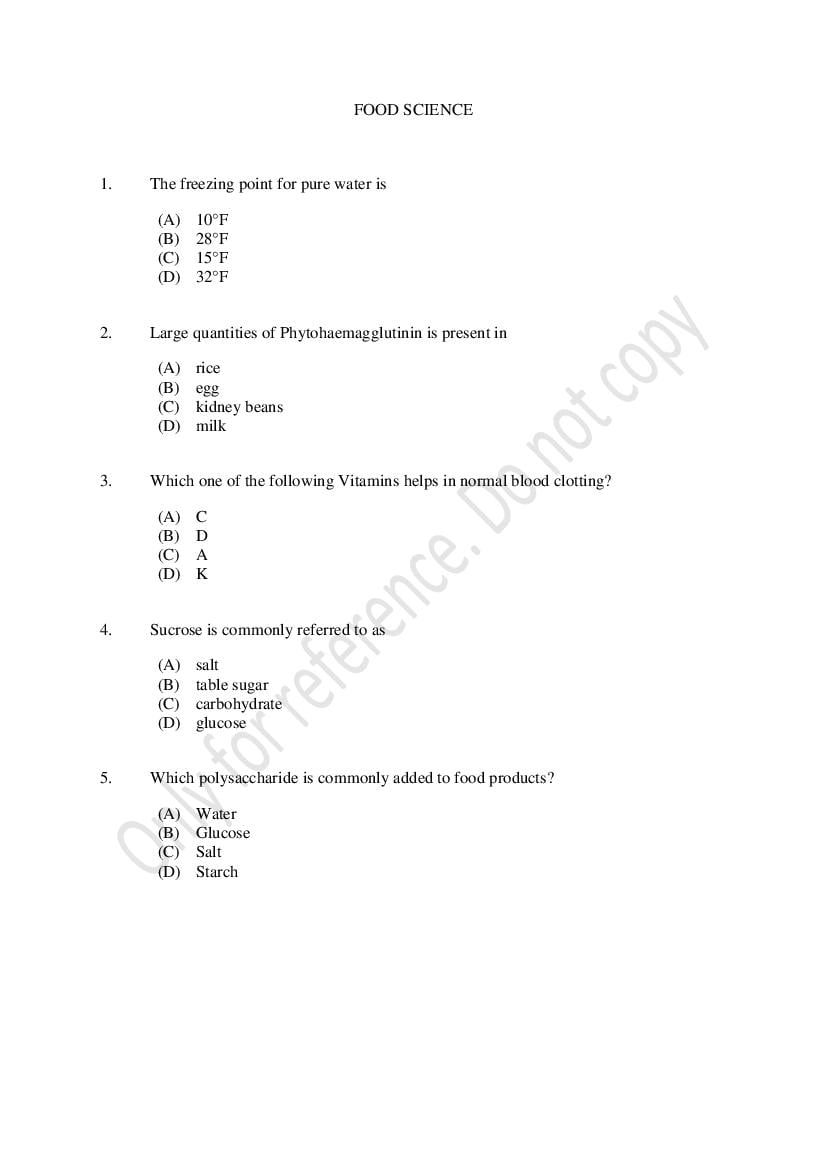 CUSAT CAT 2021 Question Paper Food Science - Page 1