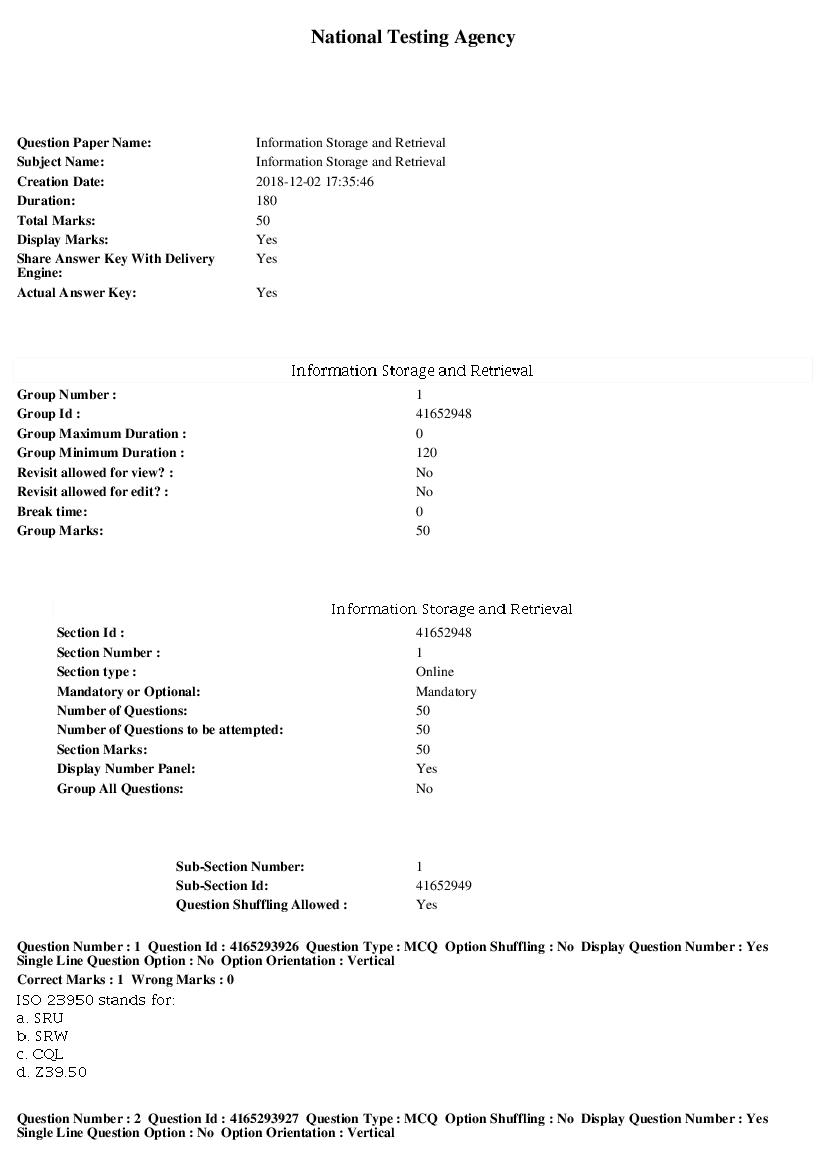 SWAYAM 2018 Question Paper Information Storage and Retrieval - Page 1 of 9