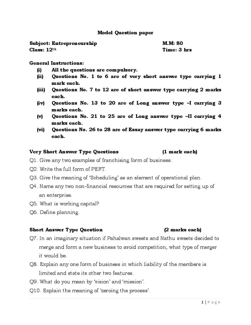 JKBOSE Class 12 Model Question Paper for Entrepreneurship - Page 1