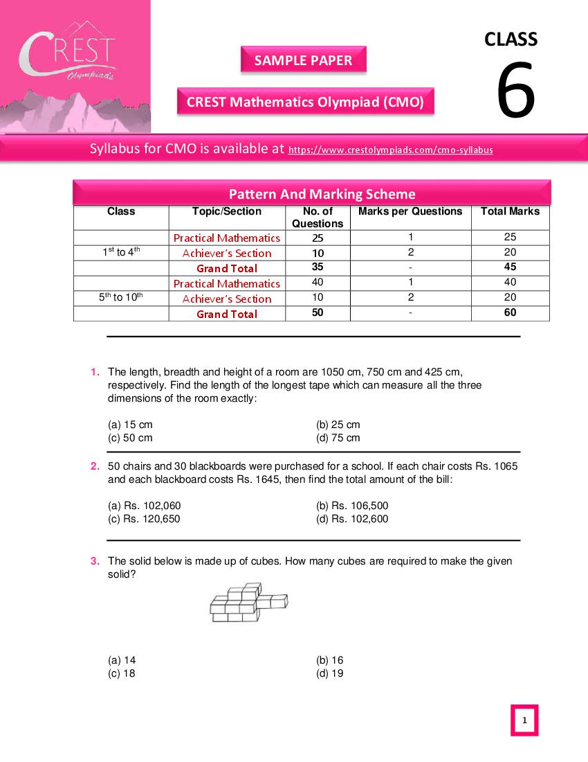CREST Mathematics Olympiad (CMO) Class 6 Sample Paper - Page 1