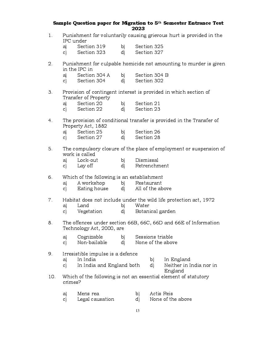 PU LLB Migration Entrance Test Sample Paper (PDF) - Download Model ...