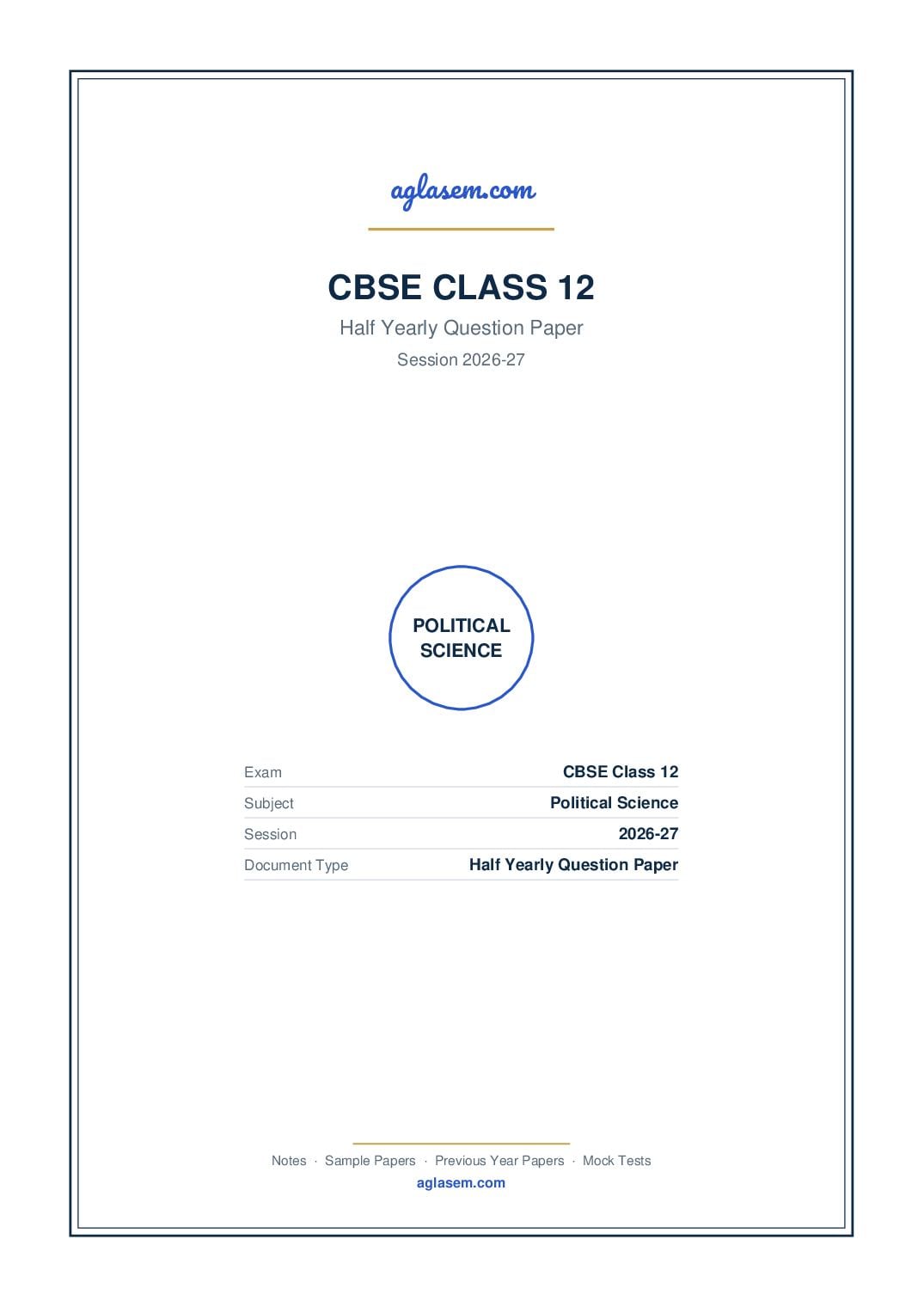 Class 12 Half Yearly Question Paper 2026-27 Political Science - Page 1 of 7