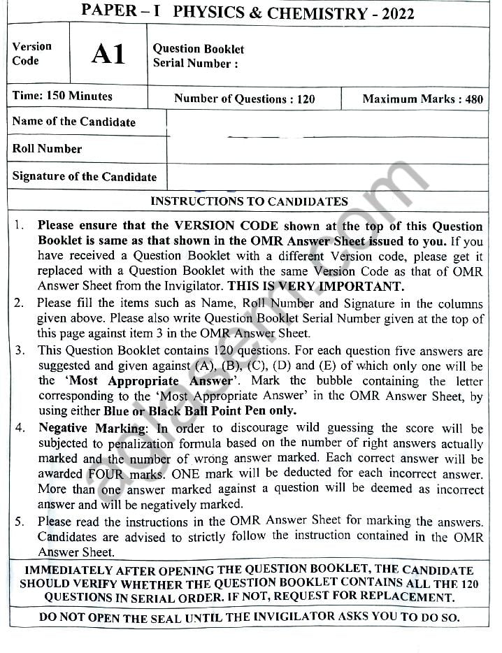 KEAM 2022 Question Paper Physics Chemistry - Page 1