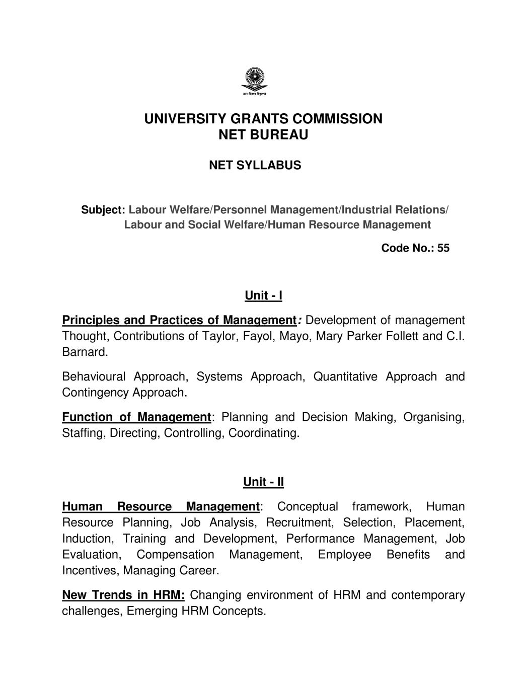 UGC NET Syllabus for Labour Welfare 2020 - Page 1