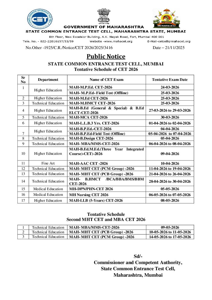Maharashtra State CET Cell 2026 Exam Schedule - Page 1