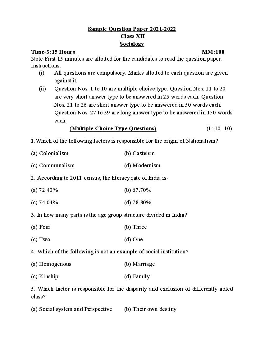 UP Board Class 12th Model Paper 2023 Sociology - Page 1