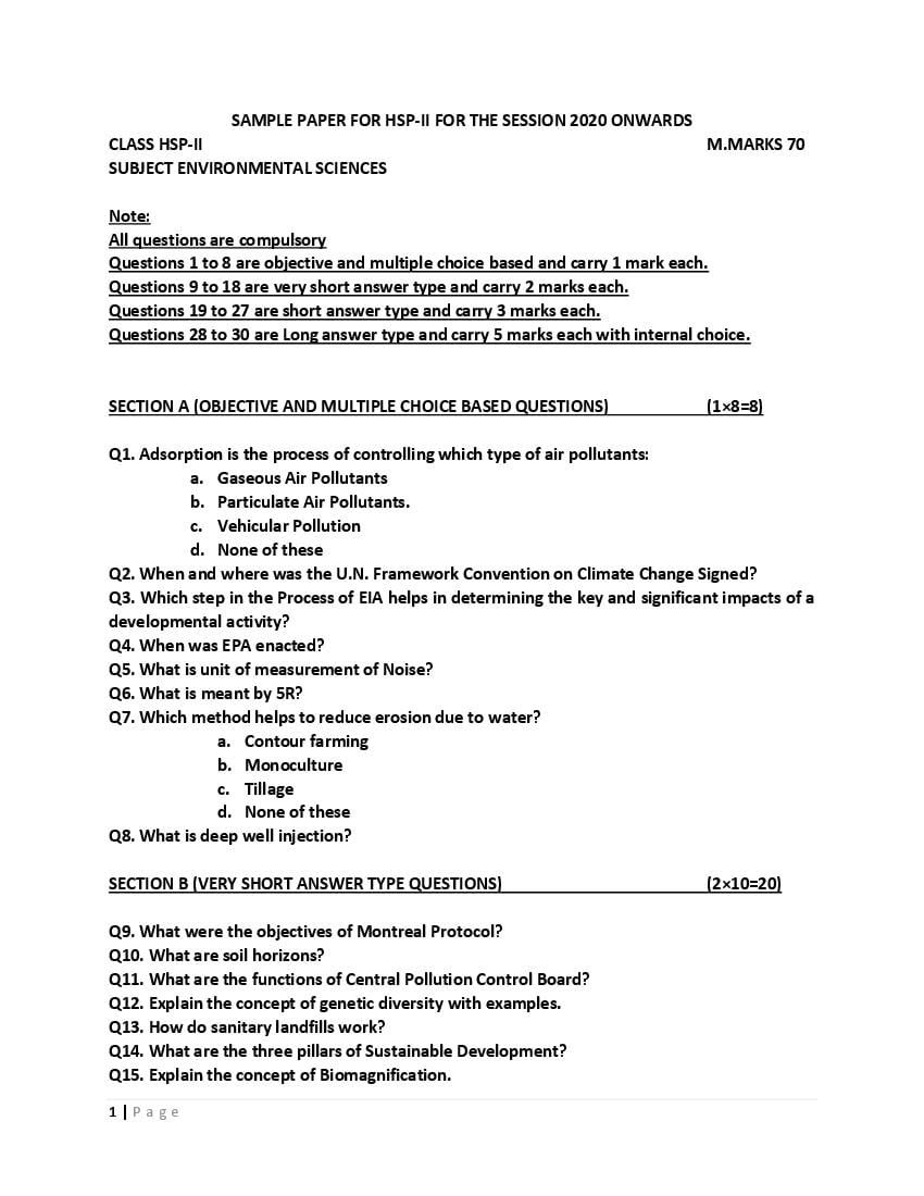 JKBOSE Class 12 Model Question Paper 2021 for Environmental Science - Page 1