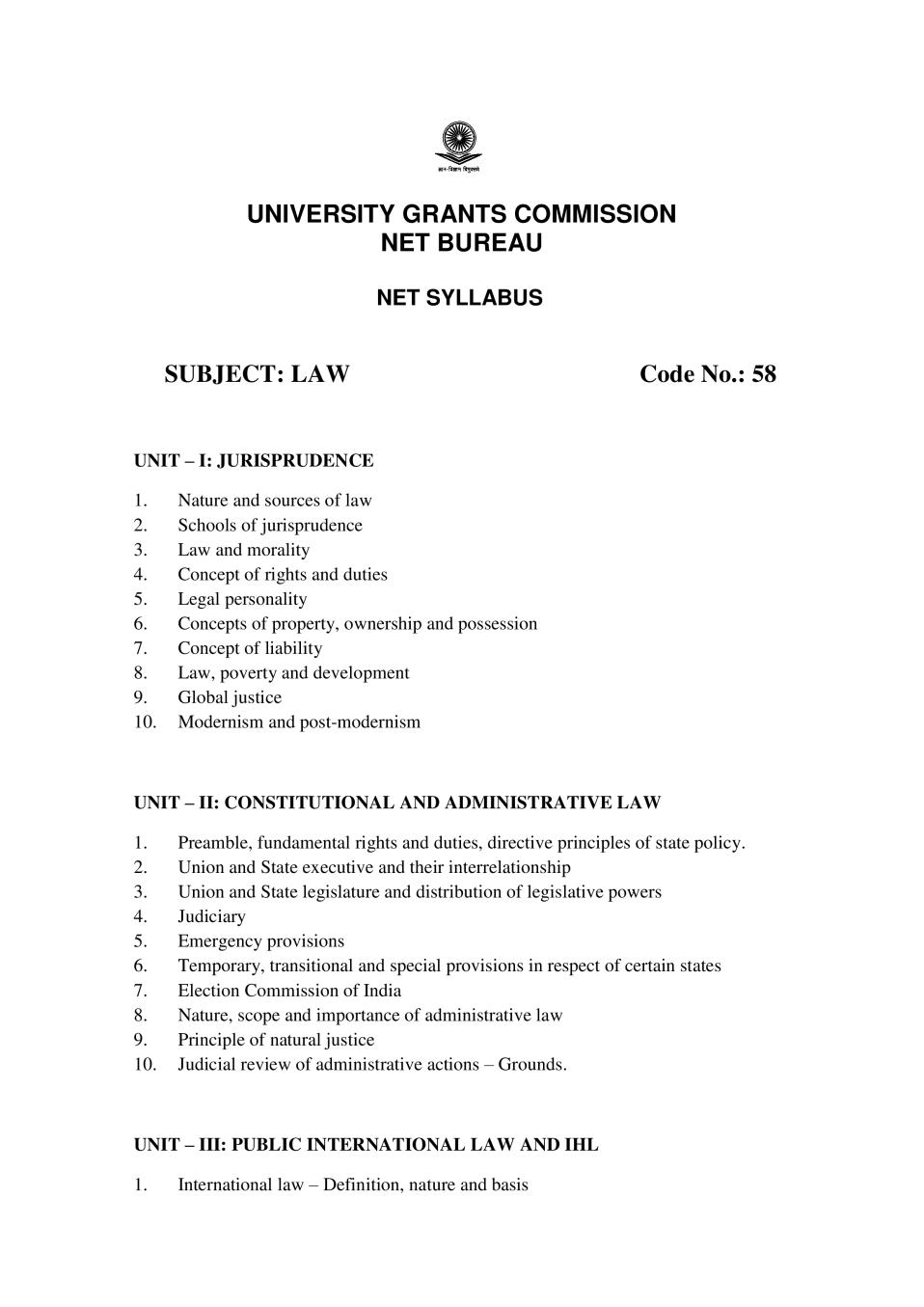 UGC NET Syllabus for Law 2020 - Page 1