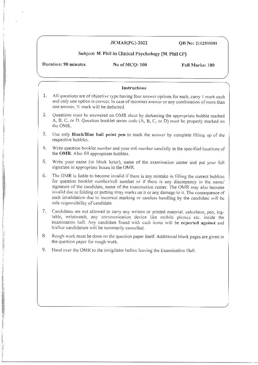 JEMAS PG 2022 Question Paper M.Phil CP - Page 1