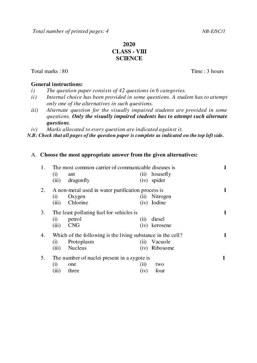 NBSE Class 8 Question Paper 2020 Science - Page 1