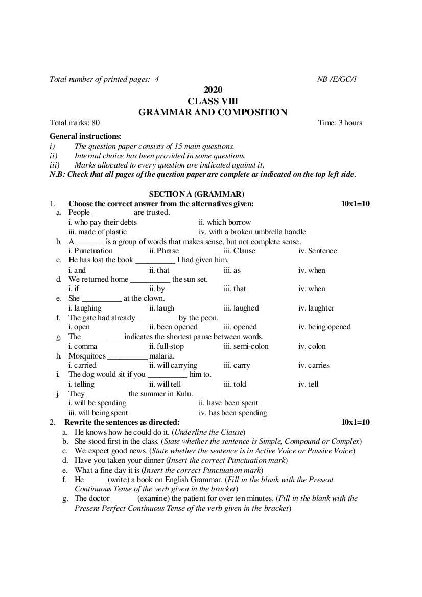 NBSE Class 8 Question Paper 2020 Grammer and Composition - Page 1