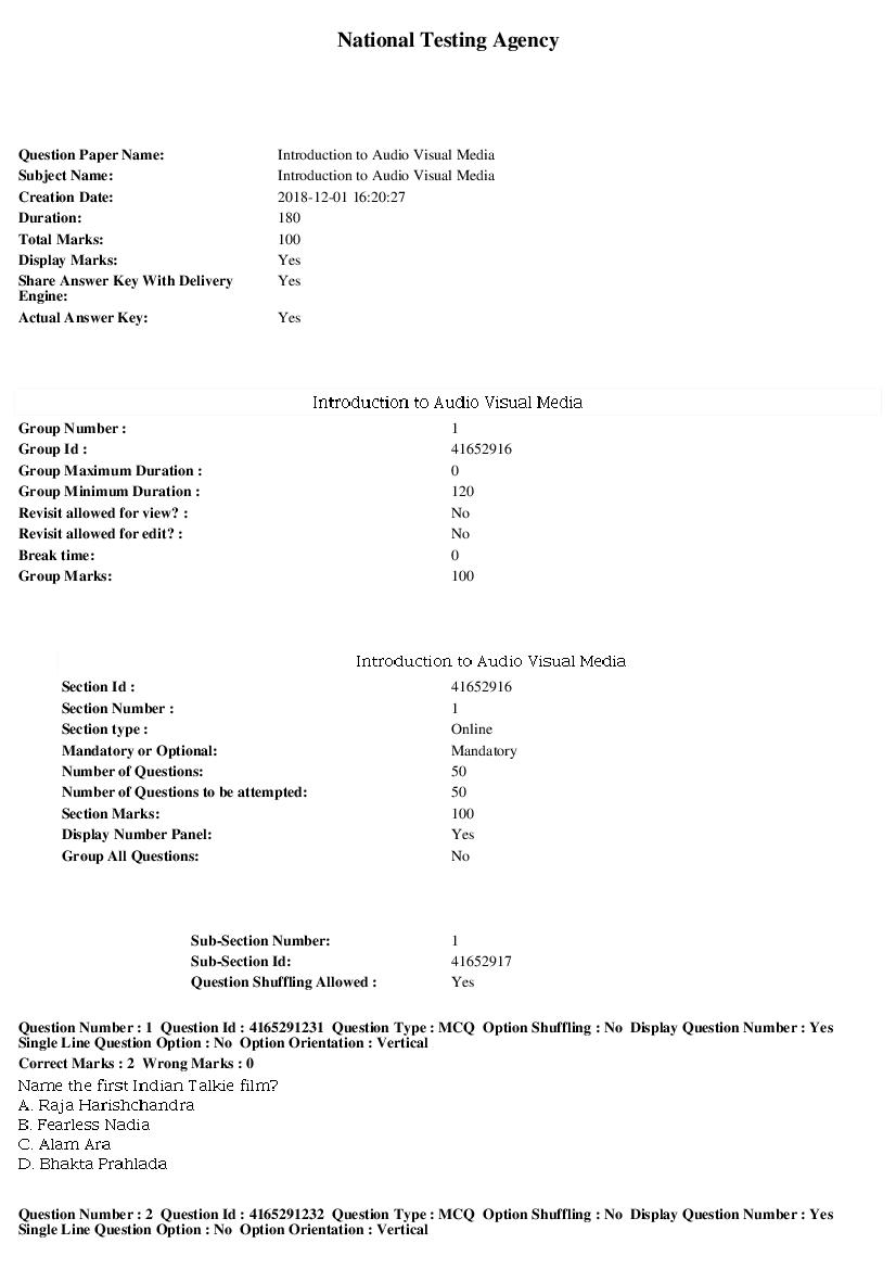 SWAYAM 2018 Question Paper Introduction to Audio Visual Media - Page 1 of 9
