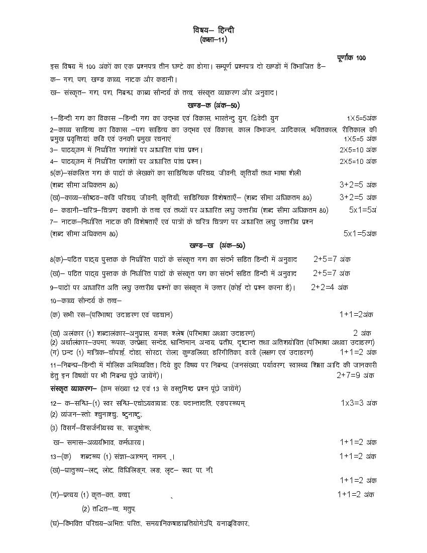 UP Board Class 11 Syllabus 2023 Hindi - Page 1