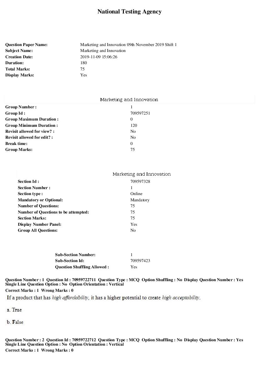SWAYAM 2019 Question Paper Marketing and Innovation - Page 1 of 18