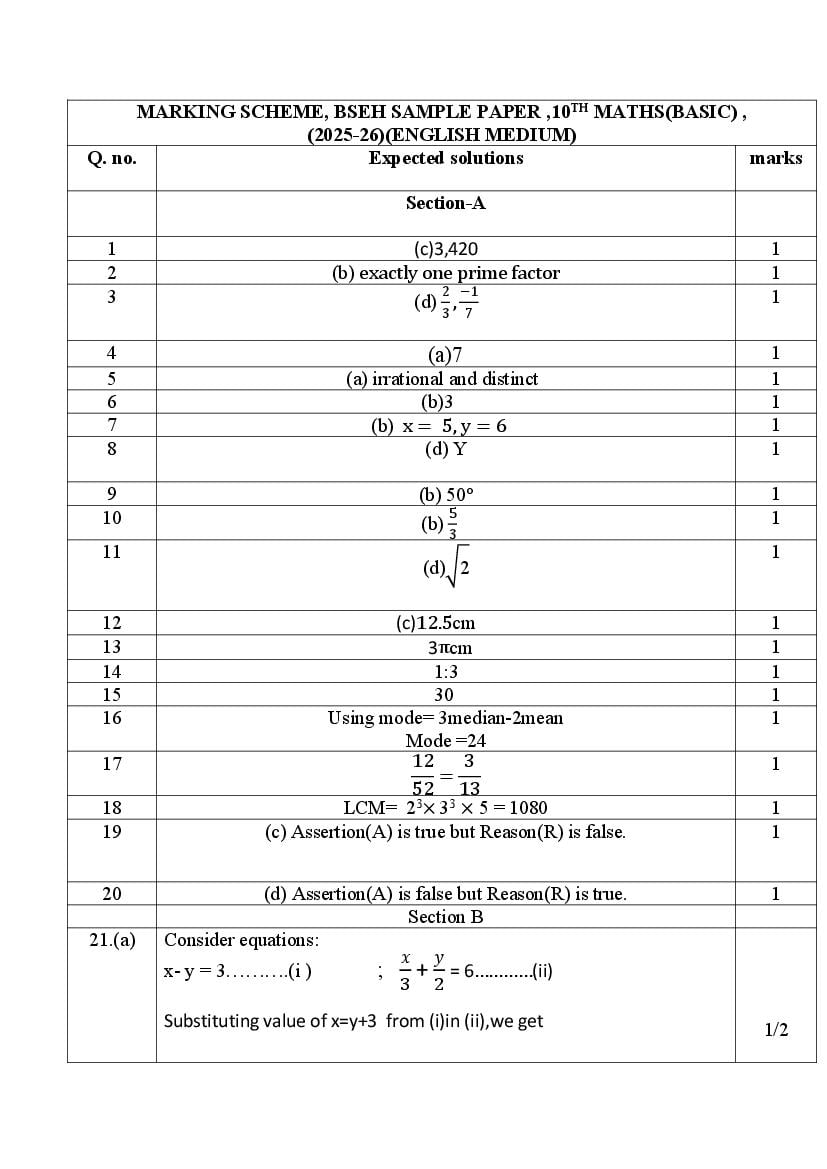 HBSE Class 10 Sample Paper 2026 Answers Mathematics Basic - Page 1
