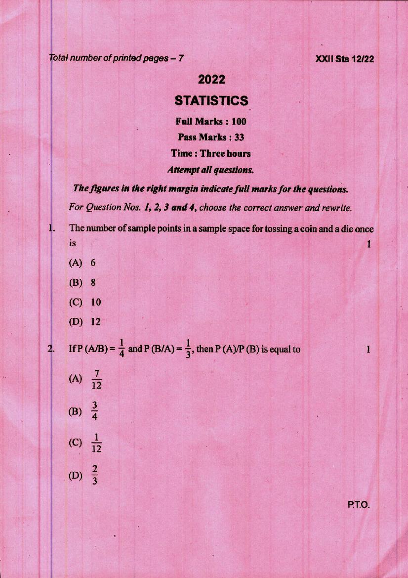 Manipur Board Class 12 Question Paper 2022 for Statistics - Page 1