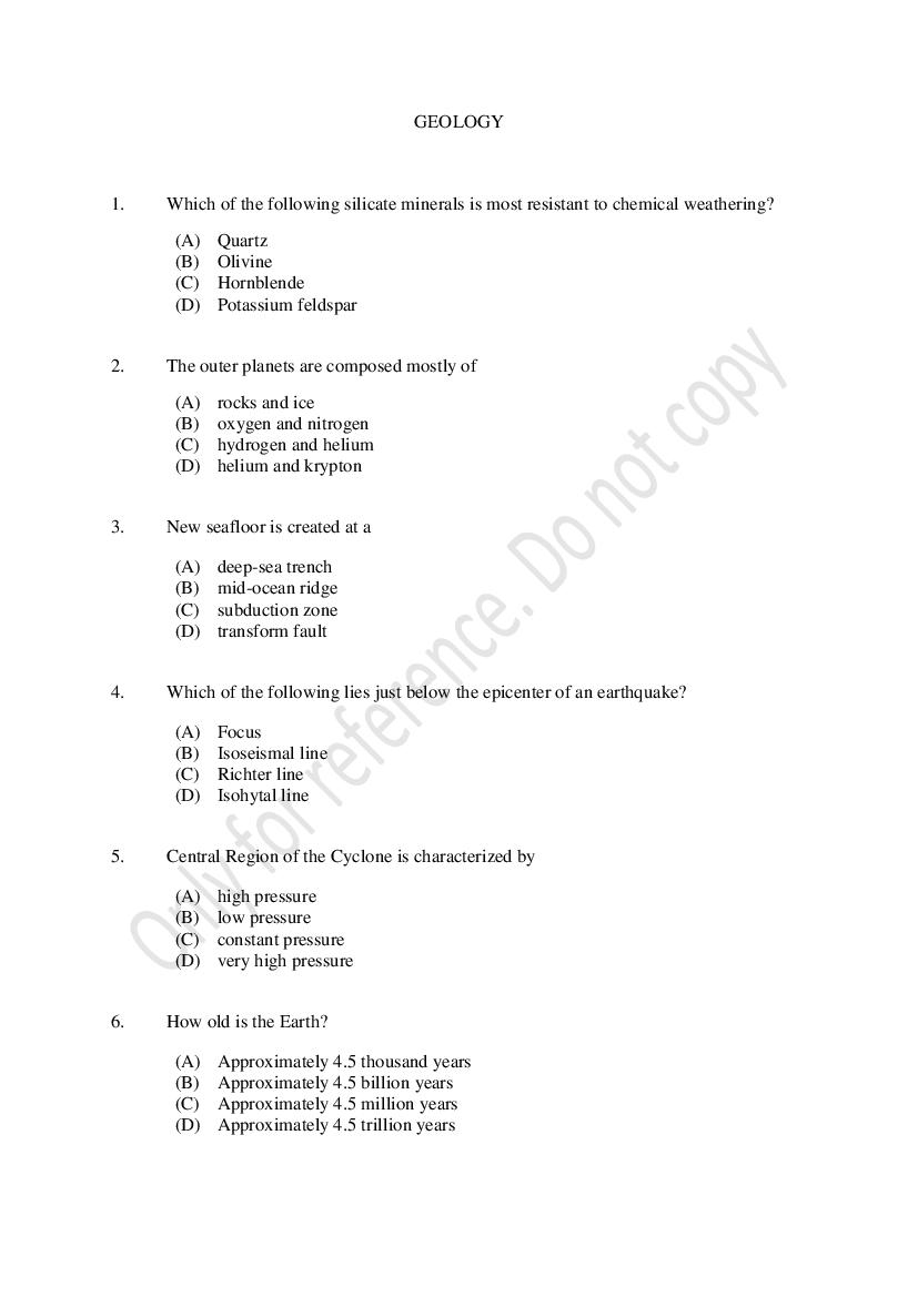 CUSAT CAT 2021 Question Paper Geology - Page 1