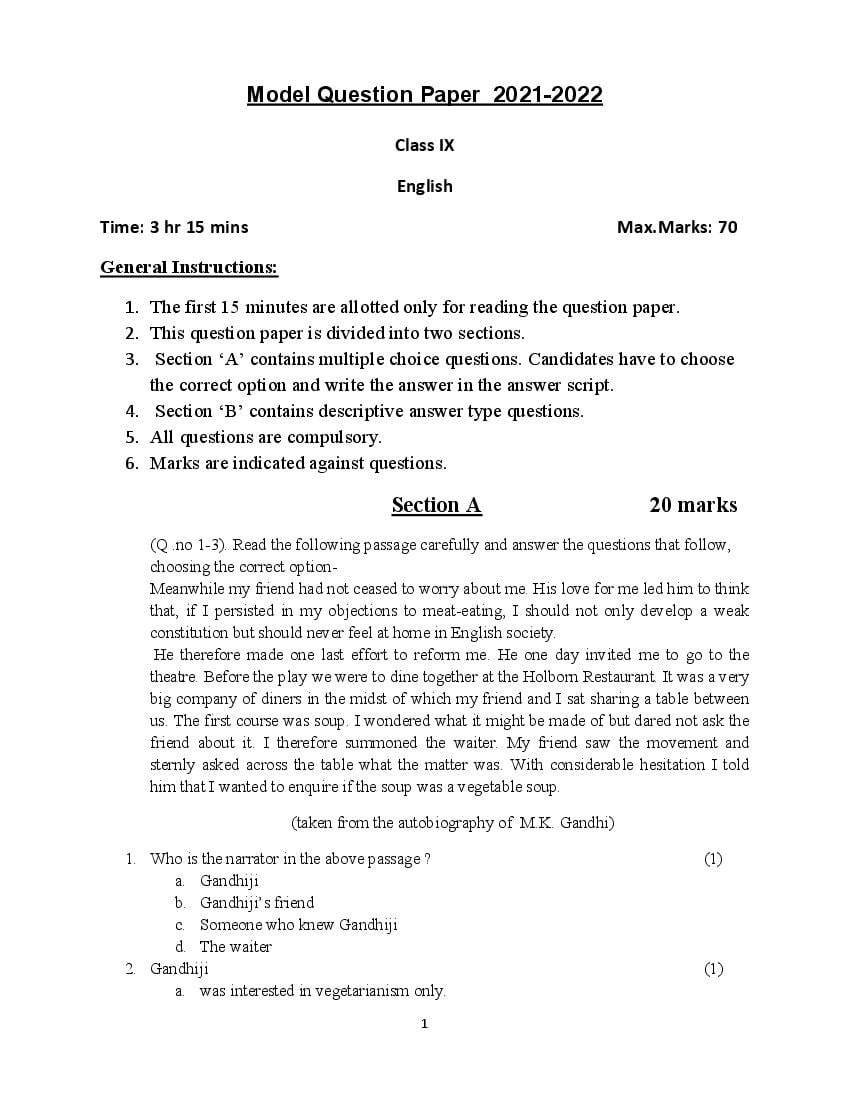UP Board Class 9 Model Paper 2022 English - Page 1
