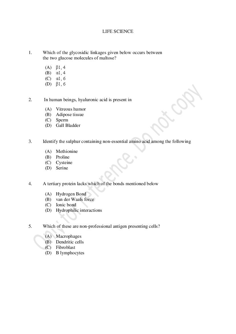 CUSAT CAT 2021 Question Paper Life Science - Page 1