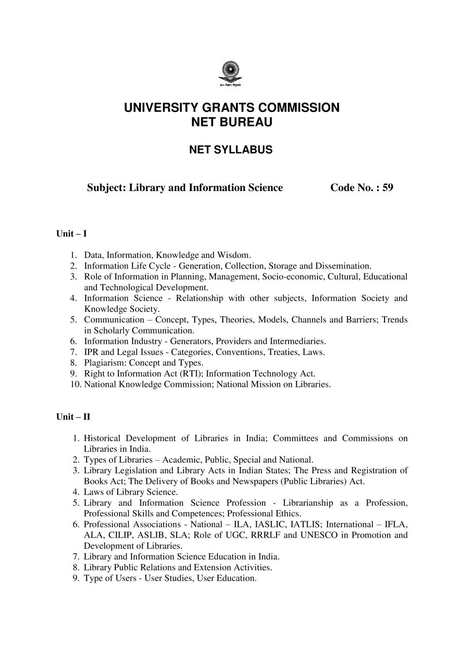 UGC NET Syllabus for  Library and Information Science 2020 - Page 1