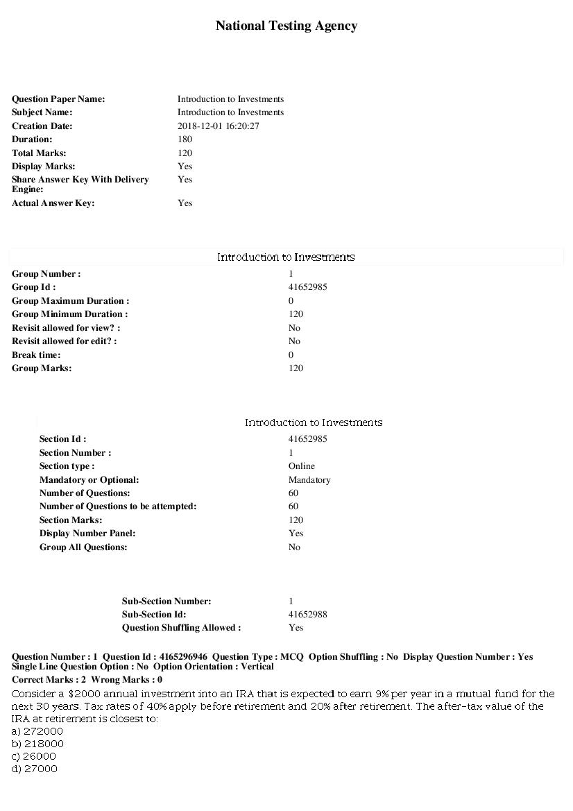 SWAYAM 2018 Question Paper Introduction to Investments - Page 1 of 12