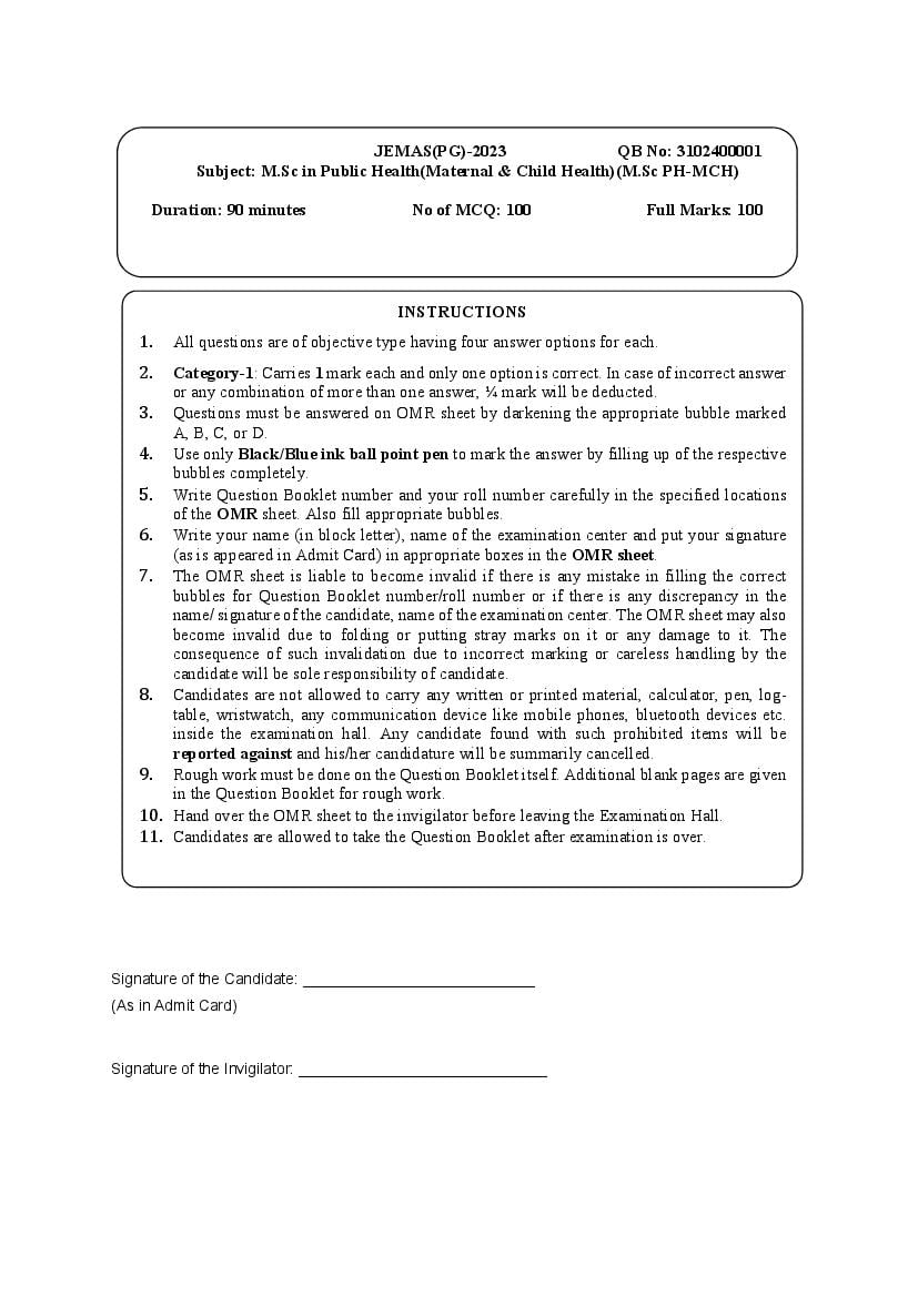 JEMAS PG 2023 Question Paper M.Sc PH MCH - Page 1