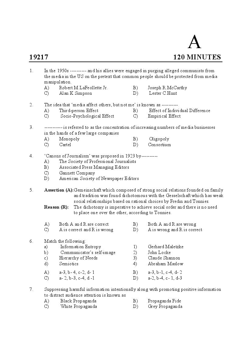 Kerala SET 2019 Feb Question Paper Journalism - Page 1 of 13