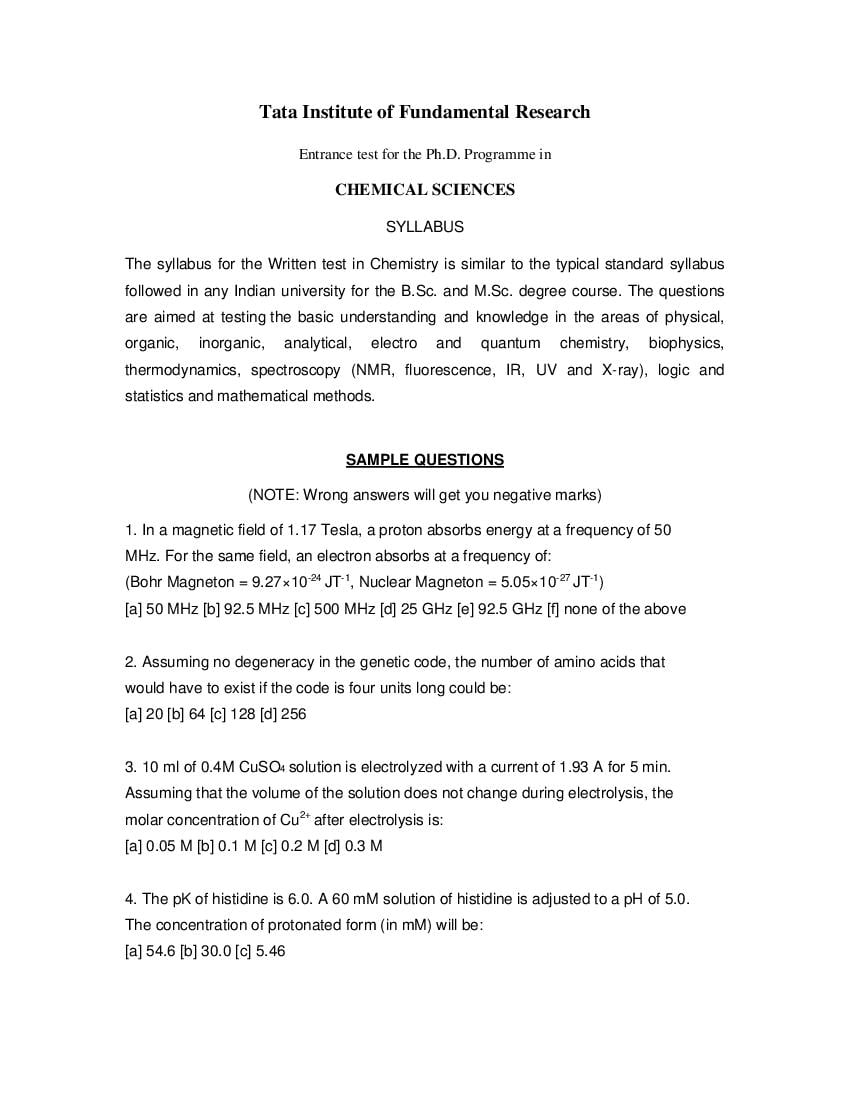 TIFR GS 2023 Syllabus and Sample Paper Chemistry - Page 1