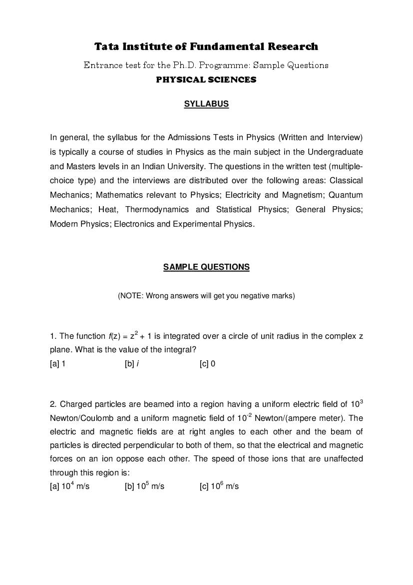 TIFR GS 2023 Syllabus and Sample Paper Physics - Page 1