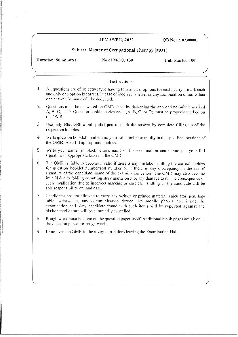 JEMAS PG 2022 Question Paper MOT - Page 1