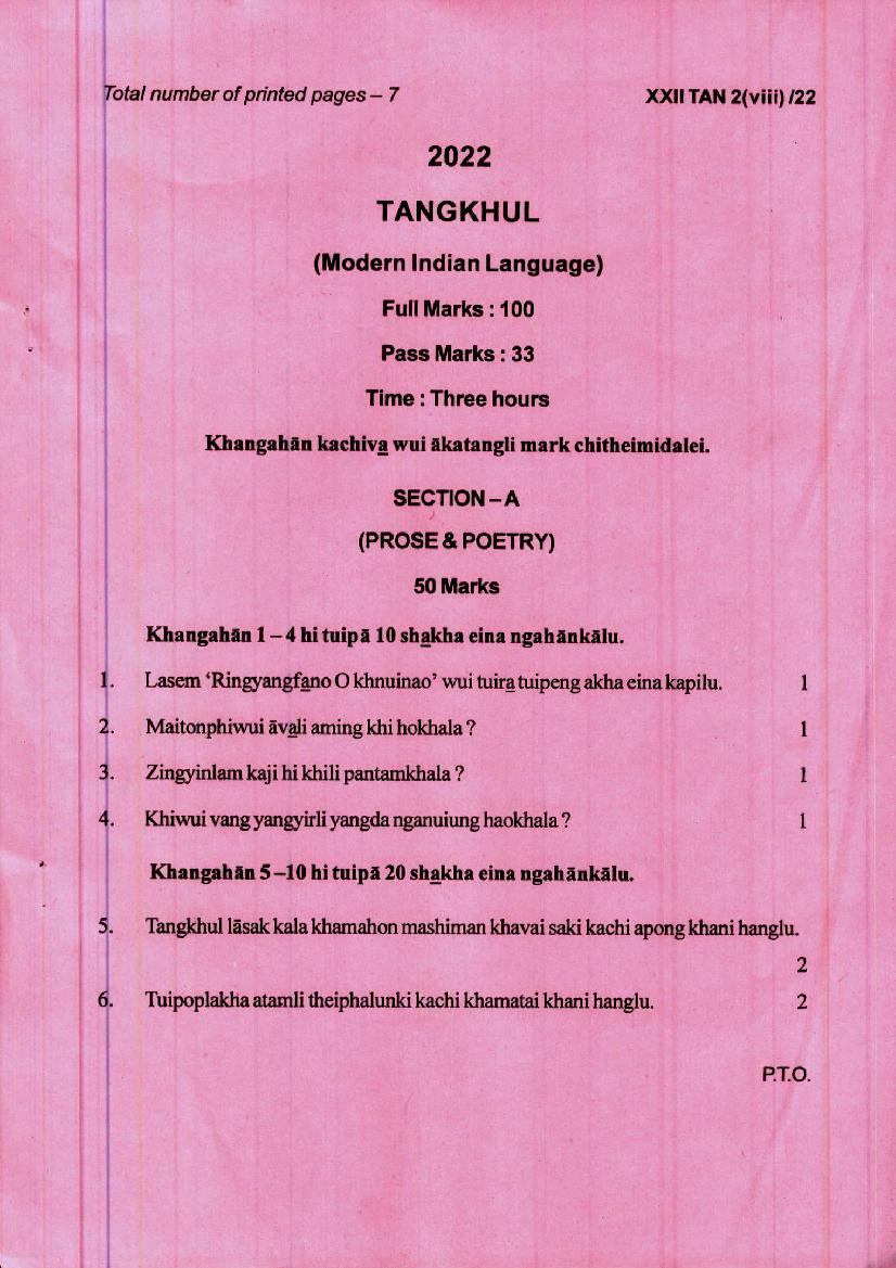 Manipur Board Class 12 Question Paper 2022 for Tangkhul - Page 1